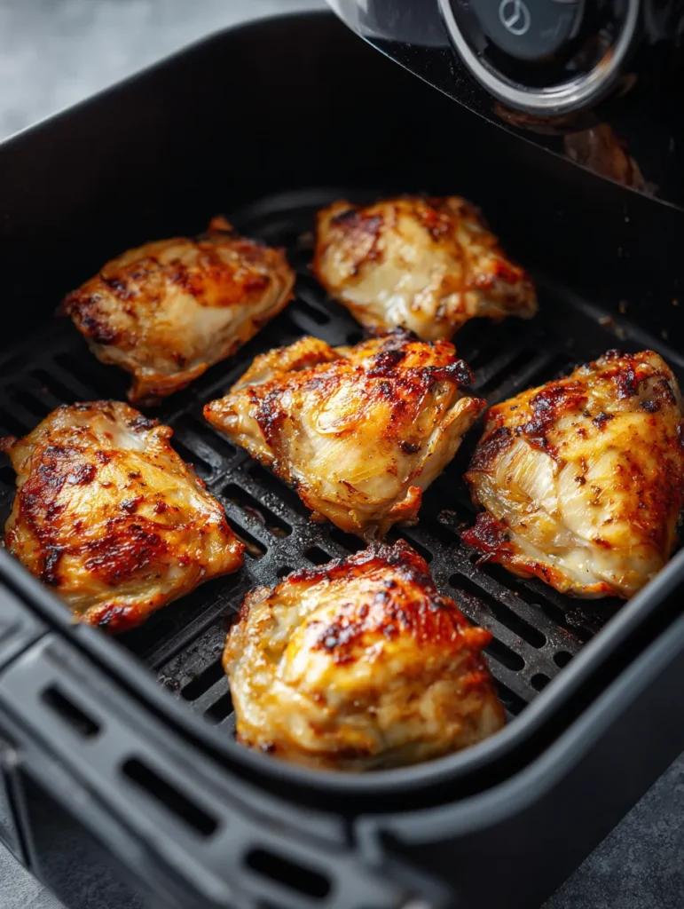 Boneless skinless chicken thighs cooking in air fryer