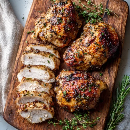 Juicy air fryer boneless skinless chicken thighs sliced