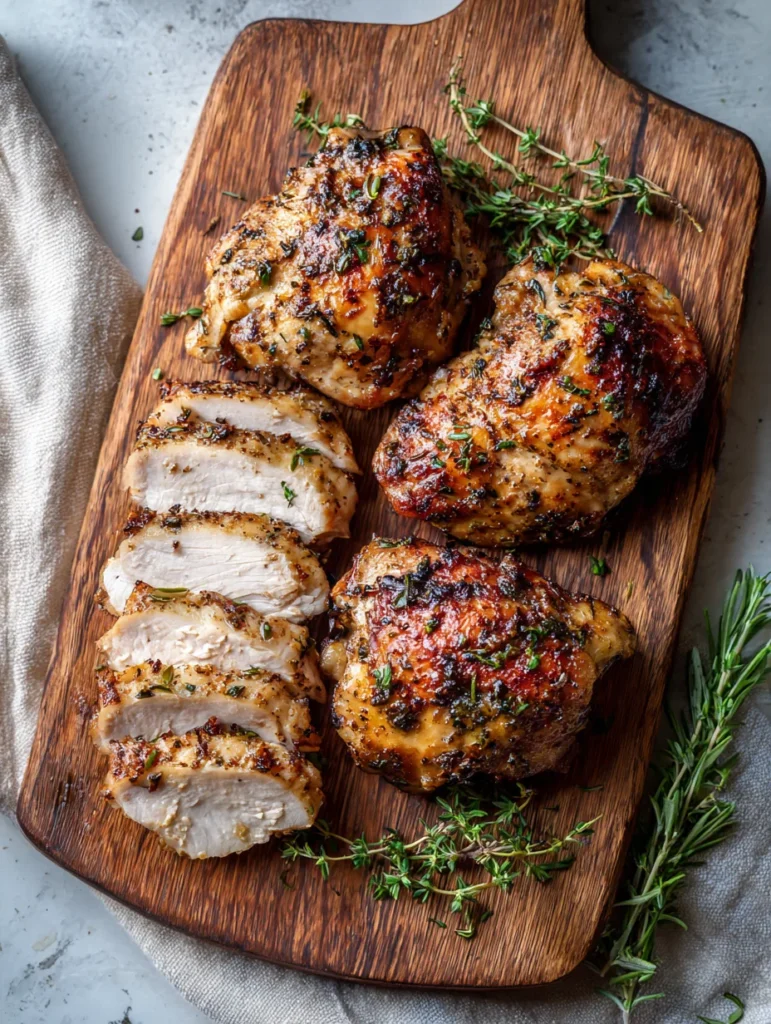 Juicy air fryer boneless skinless chicken thighs sliced