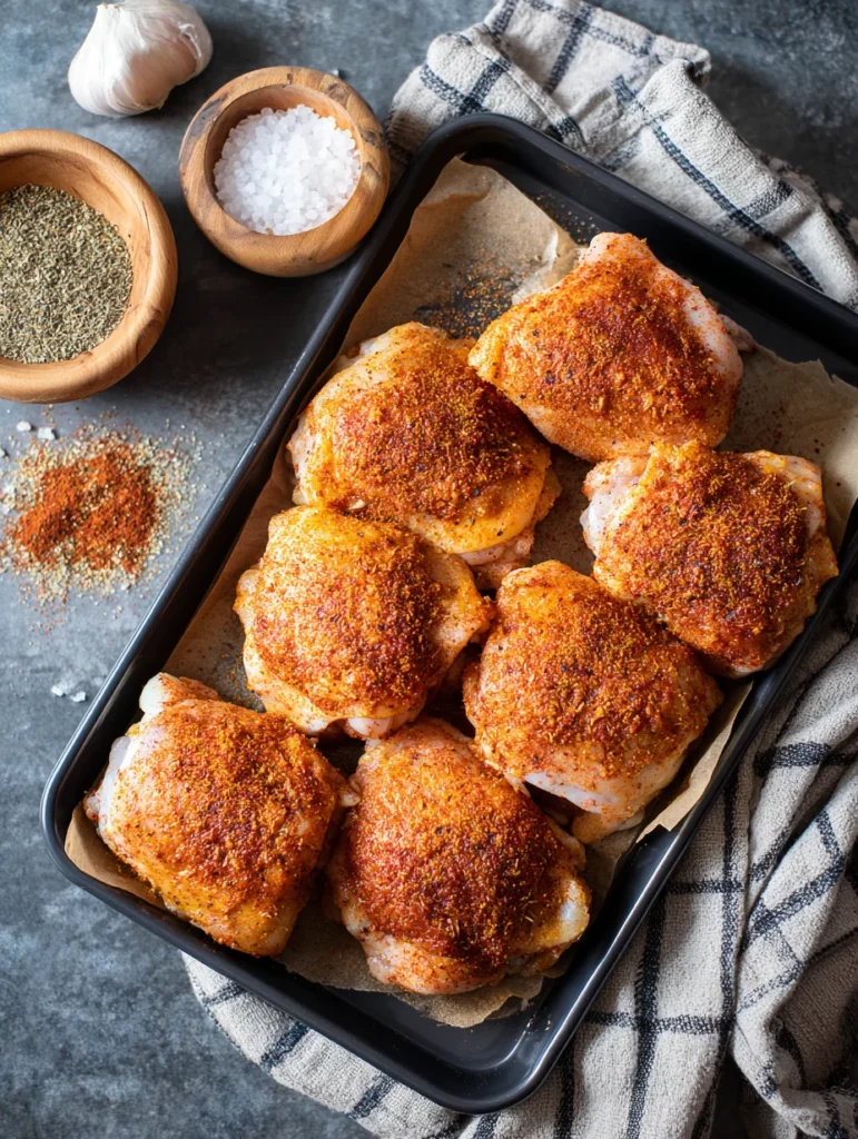 Seasoned boneless skinless chicken thighs ready for air fryer