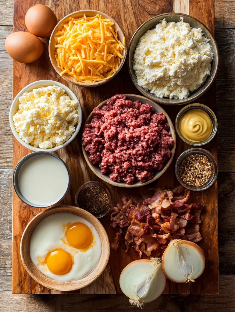 At the heart of this low-carb bacon cheeseburger casserole is a simple mix of ground beef, crispy bacon, and sharp cheddar cheese. It's like everything you’d find in a diner-style burger, layered into one easy, satisfying bake. The beef brings richness, the bacon adds that smoky crunch, and the cheese? It melts into every bite.What makes this dish stand out is the creamy egg mixture that binds everything together. Whisking together eggs, heavy cream, yellow mustard, Worcestershire sauce, salt, and pepper turns a pan of beef into a legit casserole. That combo gives it the juicy bite of a cheeseburger but keeps it gluten-free and low in carbs. You’re basically trading the bun for flavor and honestly, you won’t miss it.