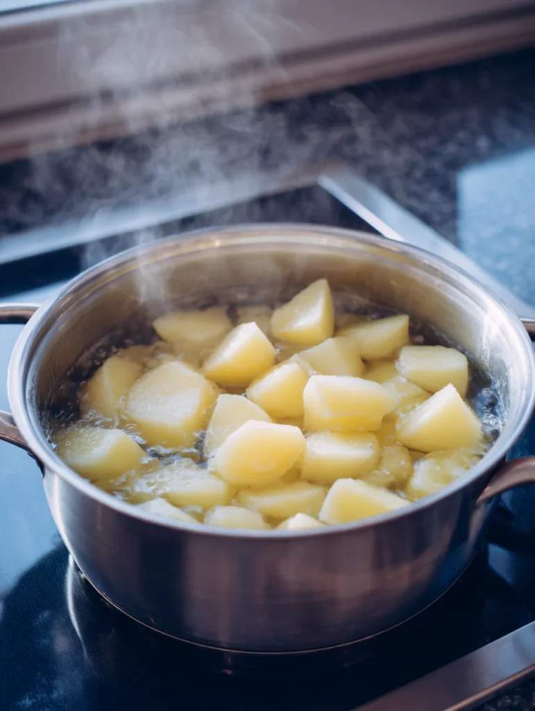 Boiling russet potatoes in a pot for soup