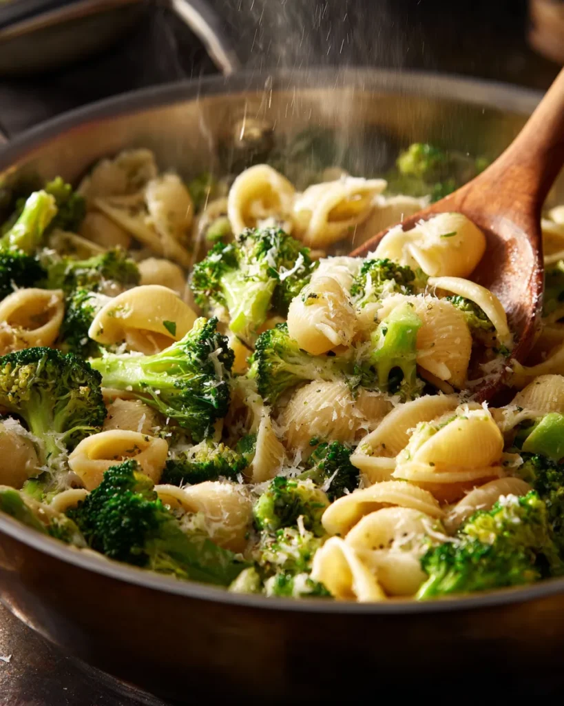 Tossing broccoli pasta with garlic, olive oil, and parmesan