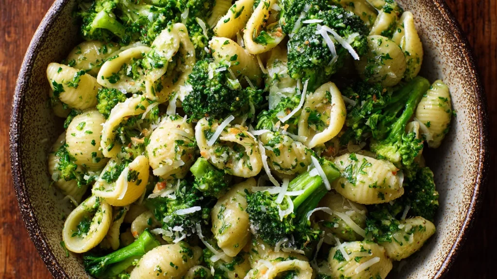 Broccoli pasta served in a bowl with parmesan