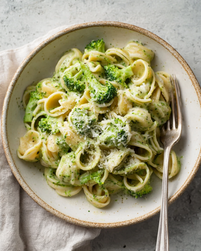 Broccoli pasta served with parmesan and fresh basil