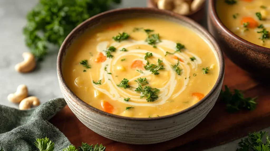 carrot potato soup in rustic bowl