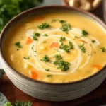 carrot potato soup in rustic bowl