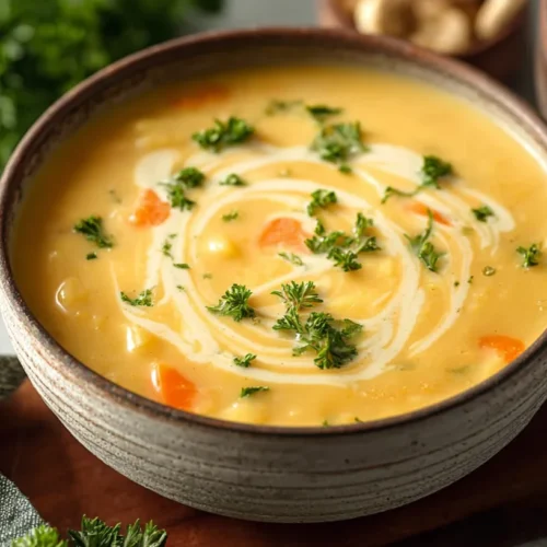 carrot potato soup in rustic bowl