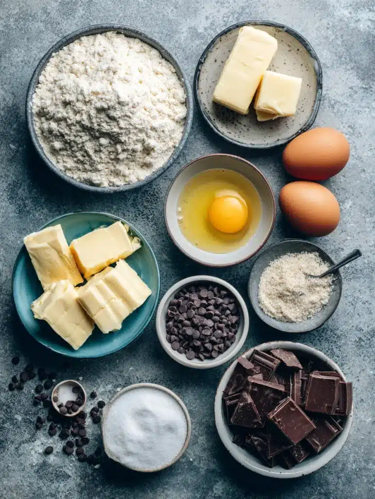 chocolate chip cookie ingredients laid out on counter