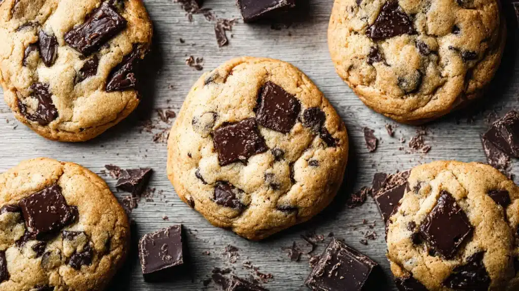 chocolate chip cookies freshly baked on rustic table