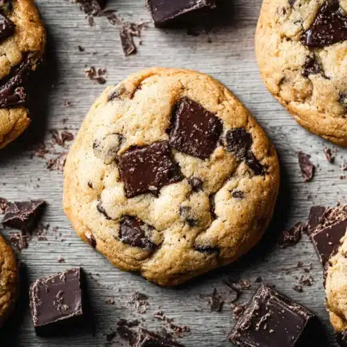 chocolate chip cookies freshly baked on rustic table