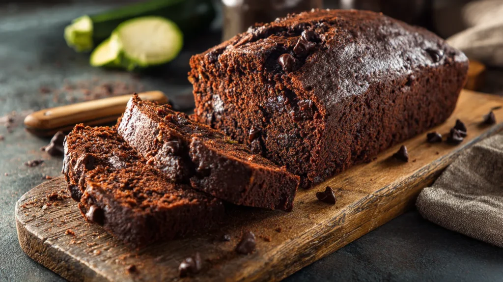 chocolate zucchini bread fresh loaf sliced on wooden board