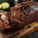 chocolate zucchini bread fresh loaf sliced on wooden board