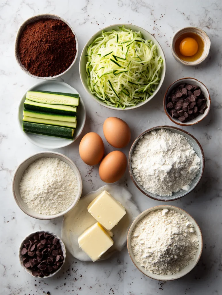 chocolate zucchini bread ingredients arranged on marble countertop