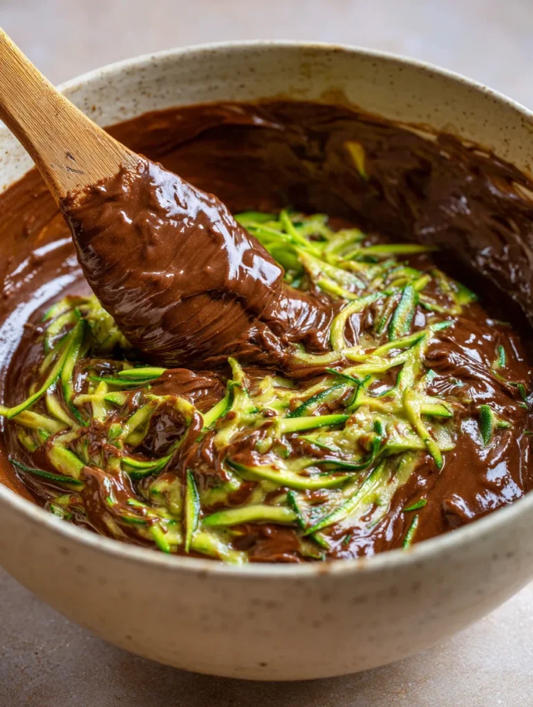shredded zucchini being folded into chocolate bread batter