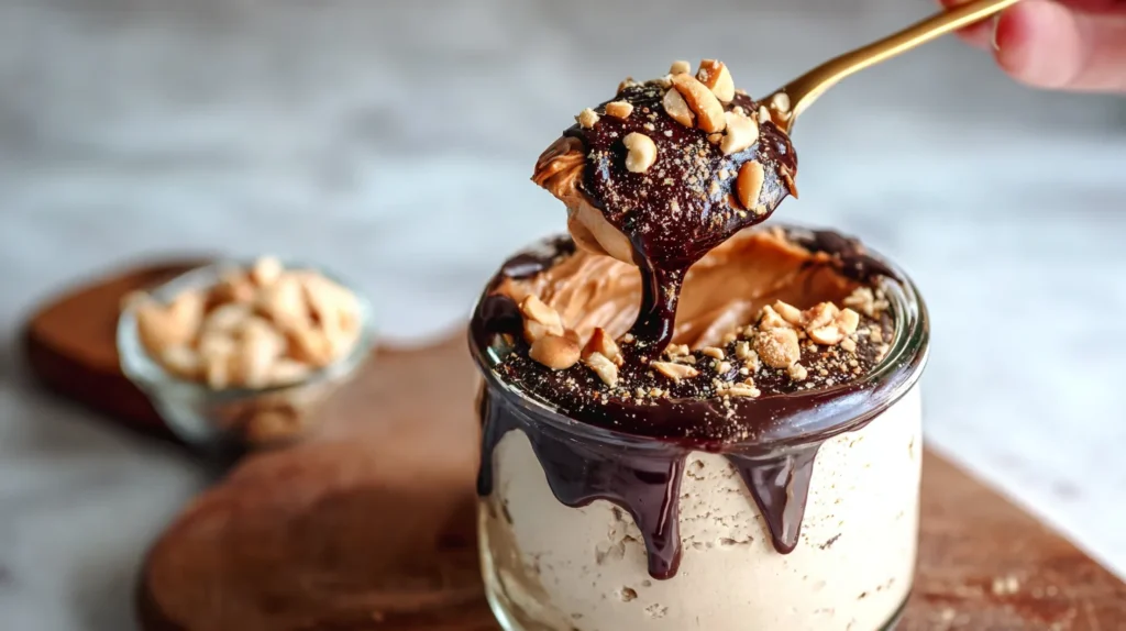 Cottage Cheese Peanut Butter Mousse in jar with chocolate drizzle
