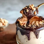 Cottage Cheese Peanut Butter Mousse in jar with chocolate drizzle