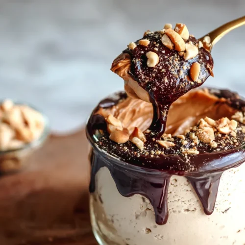 Cottage Cheese Peanut Butter Mousse in jar with chocolate drizzle