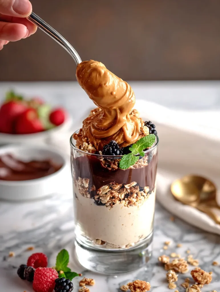  Cottage Cheese Peanut Butter Mousse parfait with berries and granola