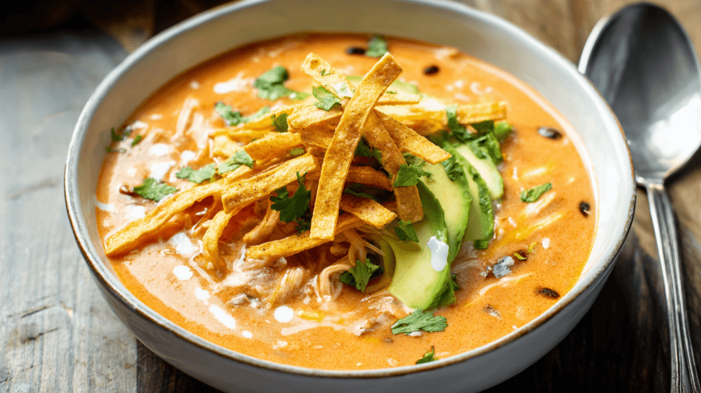 Creamy Chicken Tortilla Soup with toppings