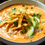 Creamy Chicken Tortilla Soup with toppings