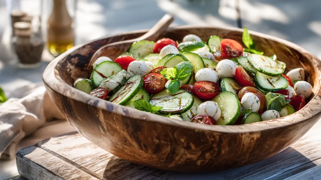 Cucumber Caprese Salad in rustic bowl with tomatoes, mozzarella, and basil