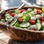 Cucumber Caprese Salad in rustic bowl with tomatoes, mozzarella, and basil