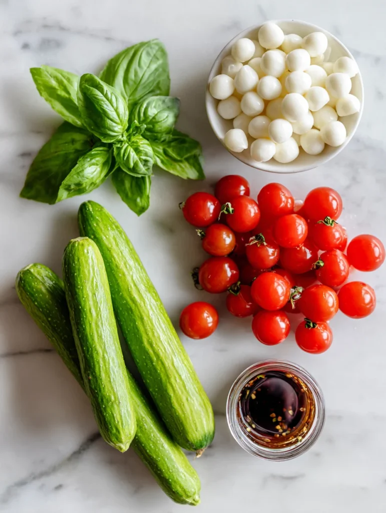 Ingredients for cucumber Caprese salad on marble counter