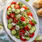 Cucumber Caprese salad served with basil and balsamic drizzle