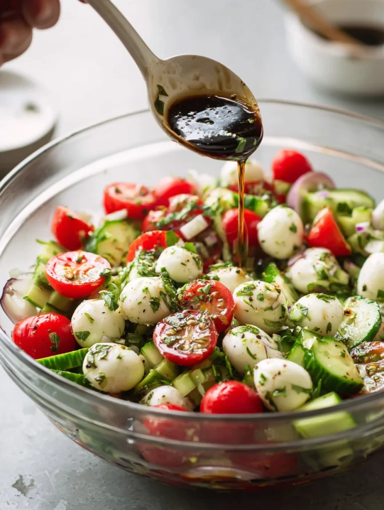 Mixing cucumber, tomato, mozzarella, and basil for Caprese salad