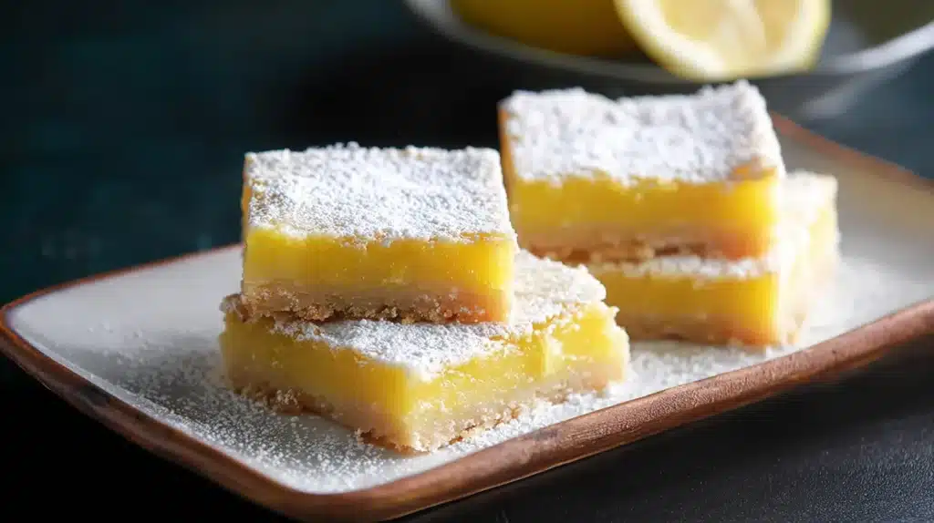Gluten free lemon bars on a rustic plate