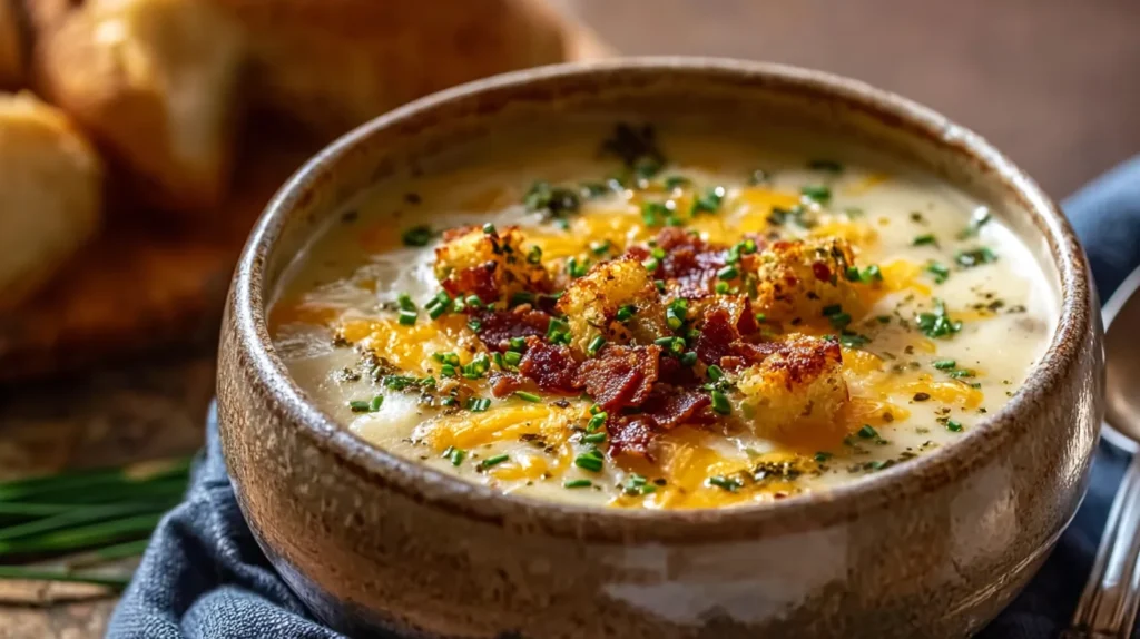 hearty cheddar garlic herb potato soup in rustic bowl