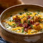 hearty cheddar garlic herb potato soup in rustic bowl