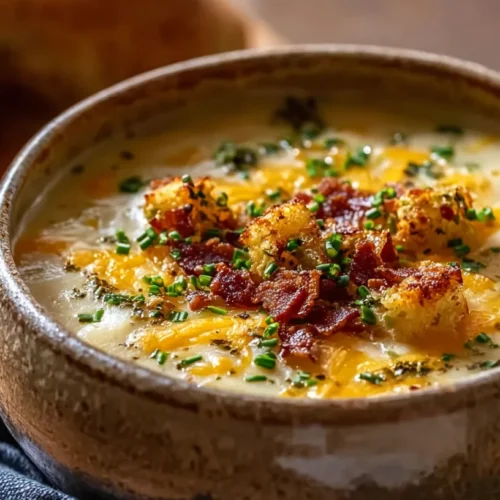 hearty cheddar garlic herb potato soup in rustic bowl