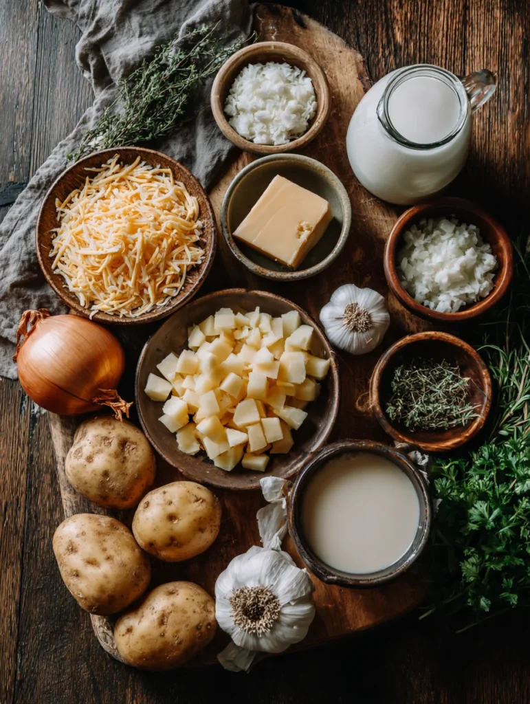 hearty cheddar garlic herb potato soup ingredients flat lay
