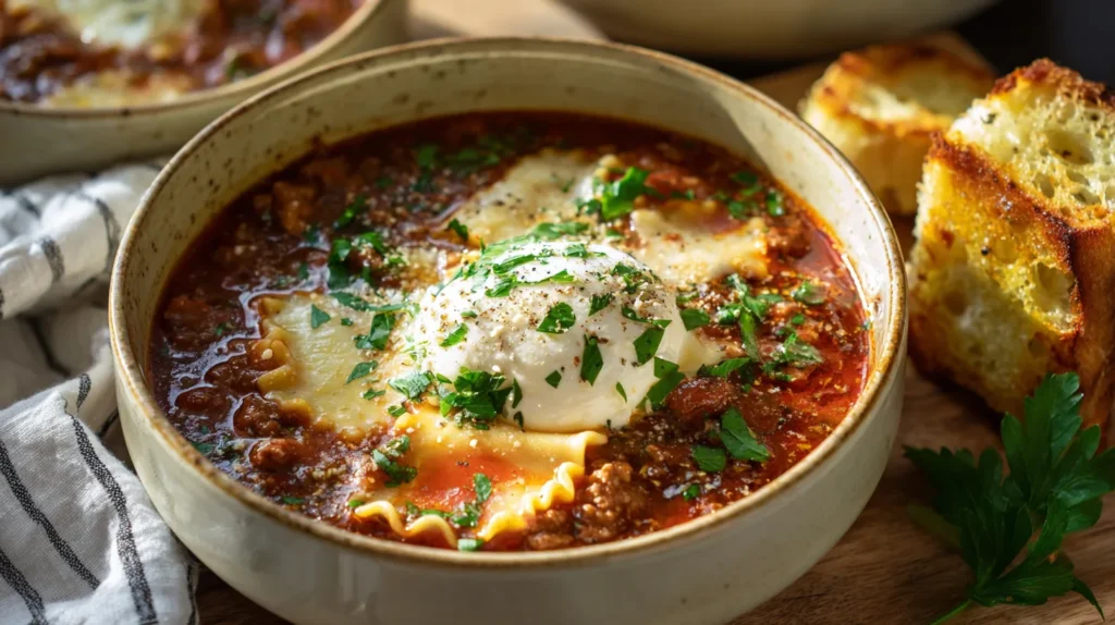 Lasagna soup in a rustic bowl topped with melted cheese and parsley