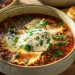 Lasagna soup in a rustic bowl topped with melted cheese and parsley