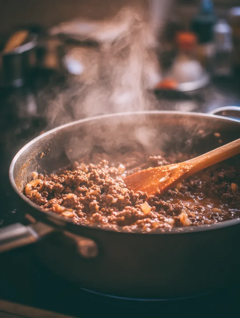 Browning ground beef with onions and garlic for lasagna soup
