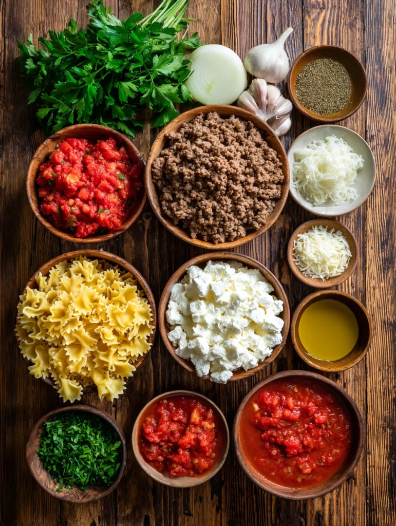 Lasagna soup ingredients laid out on a wooden kitchen counter