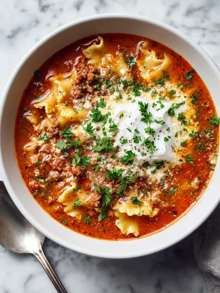 Lasagna soup in a white bowl garnished with ricotta and parsley