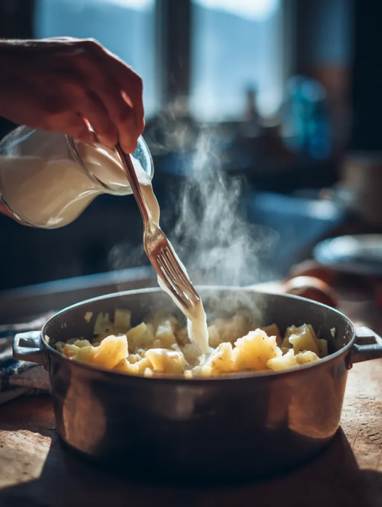 Mashing potatoes with milk and seasoning in a pot