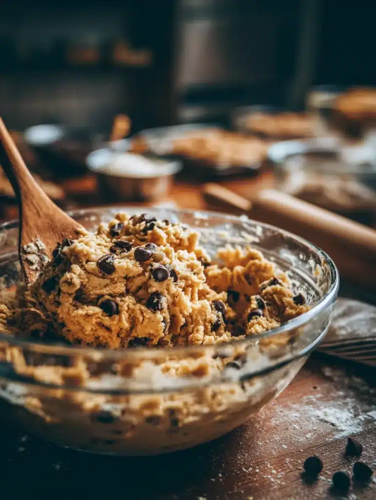 mixing chocolate chip cookie dough in bowl