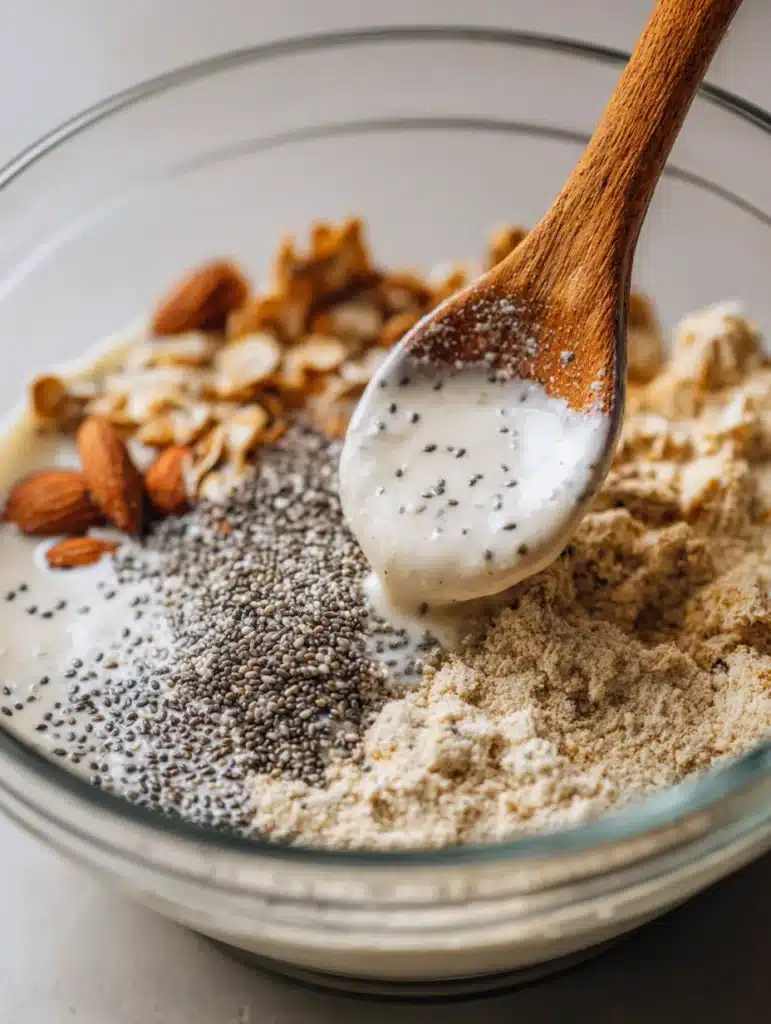 Mixing protein overnight oats with almond milk and protein
