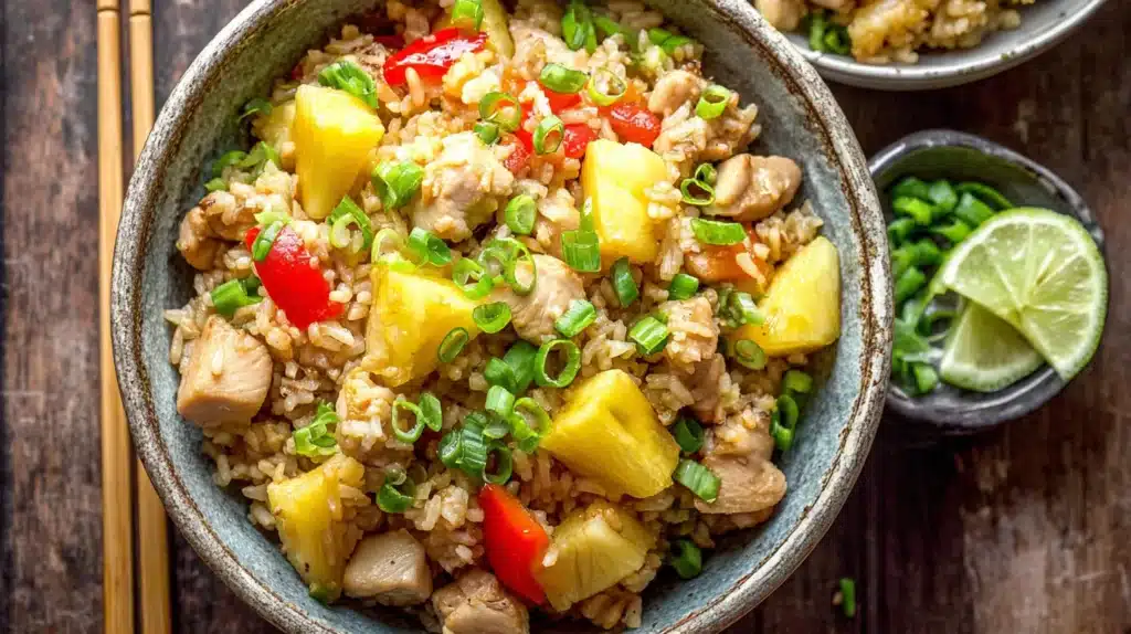 Pineapple chicken fried rice in rustic bowl
