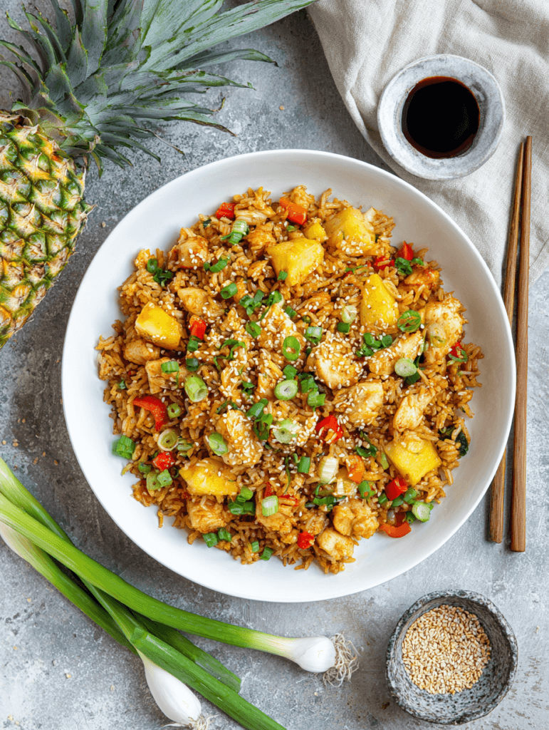 Final recipe card image for pineapple chicken fried rice