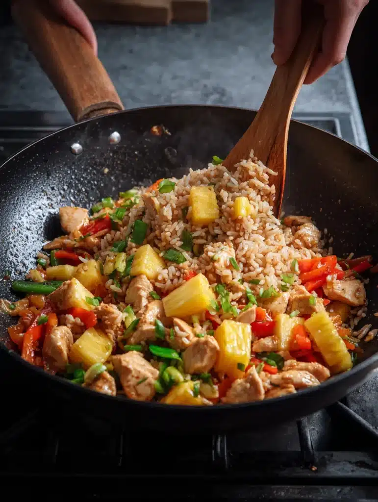 Mixing pineapple into fried rice