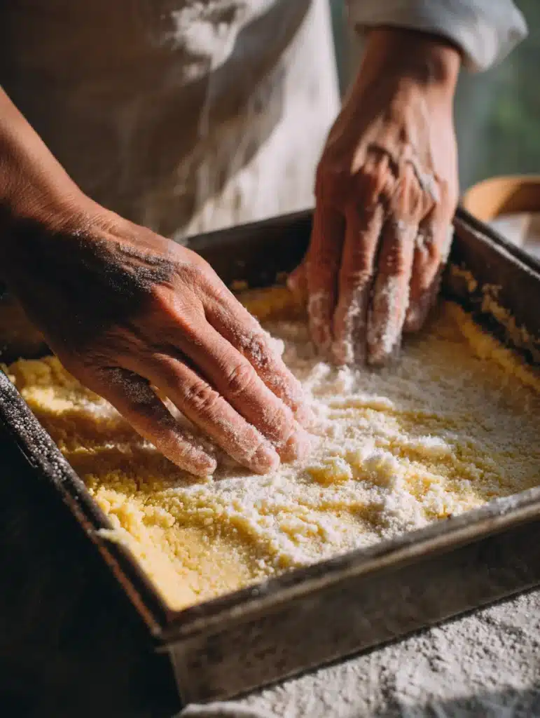 Pressing gluten free lemon crust into pan