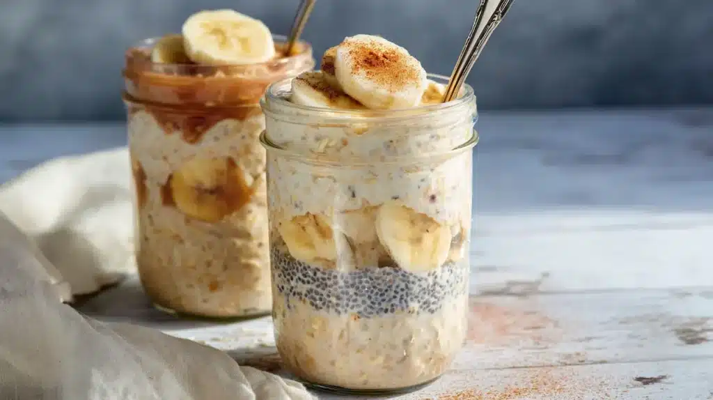 Protein overnight oats with banana and chia in a mason jar