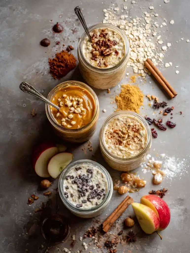 Four flavors of protein overnight oats in meal prep jars