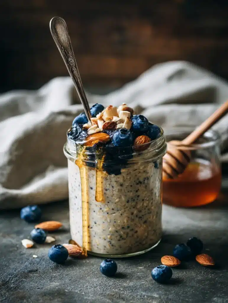 Served protein overnight oats with blueberries and almonds